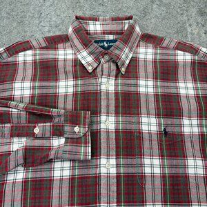 Ralph Lauren Oxford Shirt Men L Red Gray Green Plaid Long Sleeve OCBD Big Shirt"